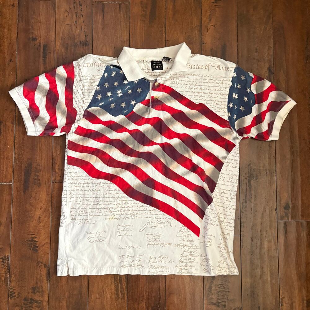 Y2K Skater Cotton Traders US Flag Polo Mens L White All Over Print 2000s